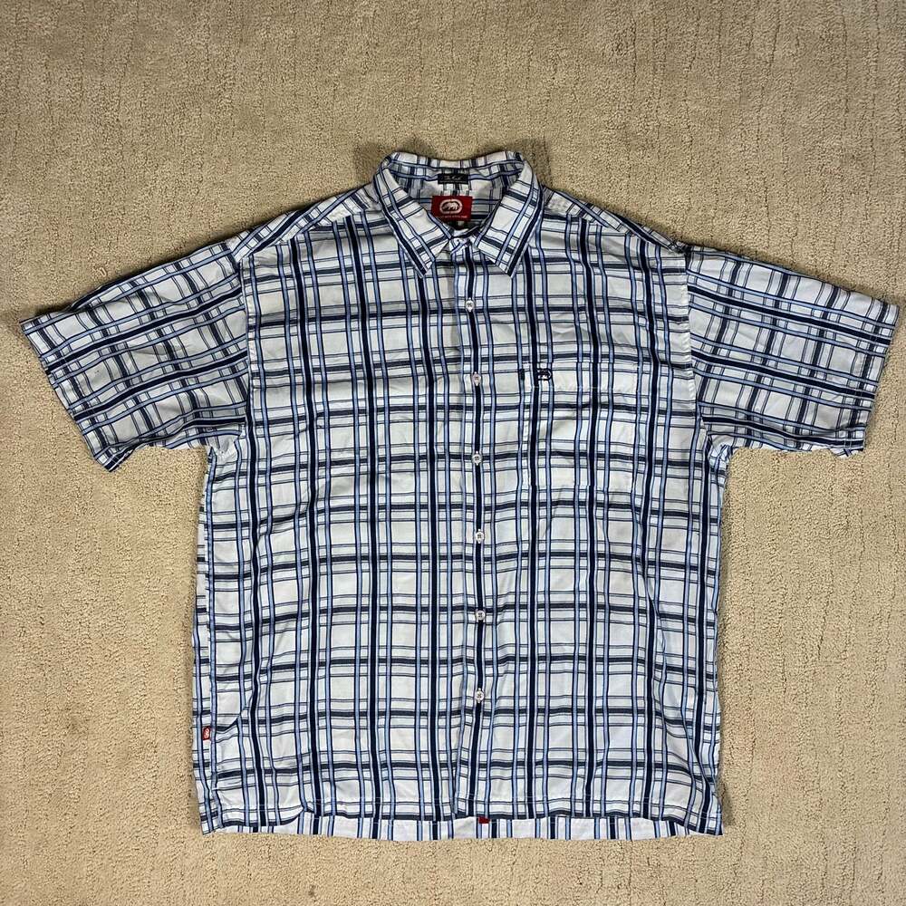 Y2K Ecko Men XL Blue Plaid The Knute Button Down Short Sleeve Grunge Skater